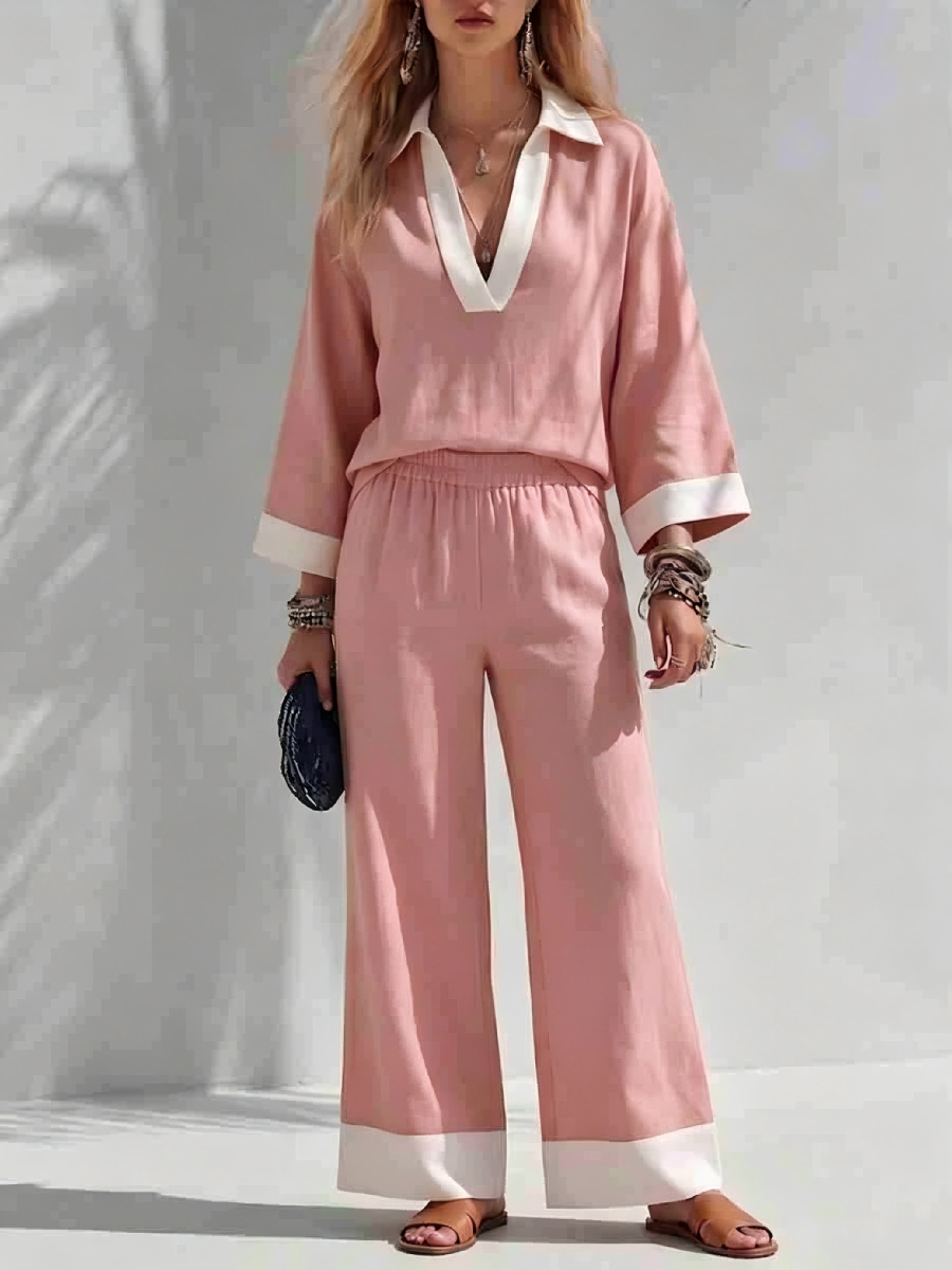 Women's V-Neck Long-Sleeve Top and Wide-Leg Pants Set