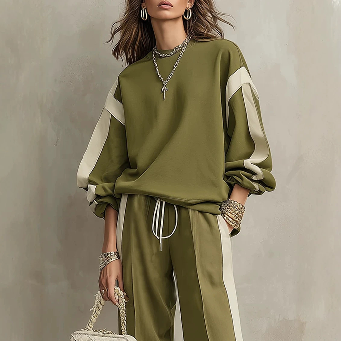 Women's Crewneck Sweatshirt & Drawstring Wide-Leg Pants Set