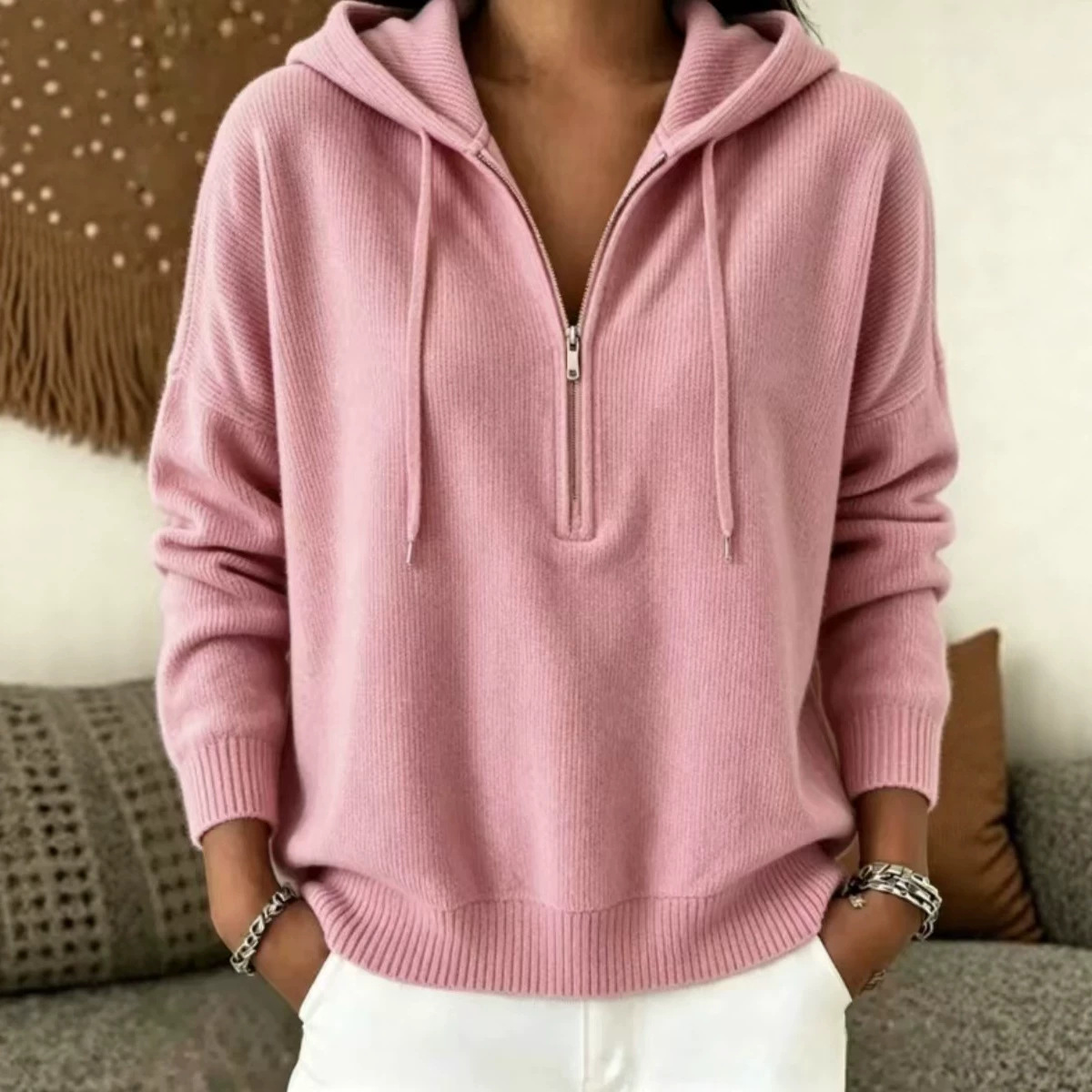 Women's Half-Zip Hooded Sweater Solid Color Loose Fit Pullover