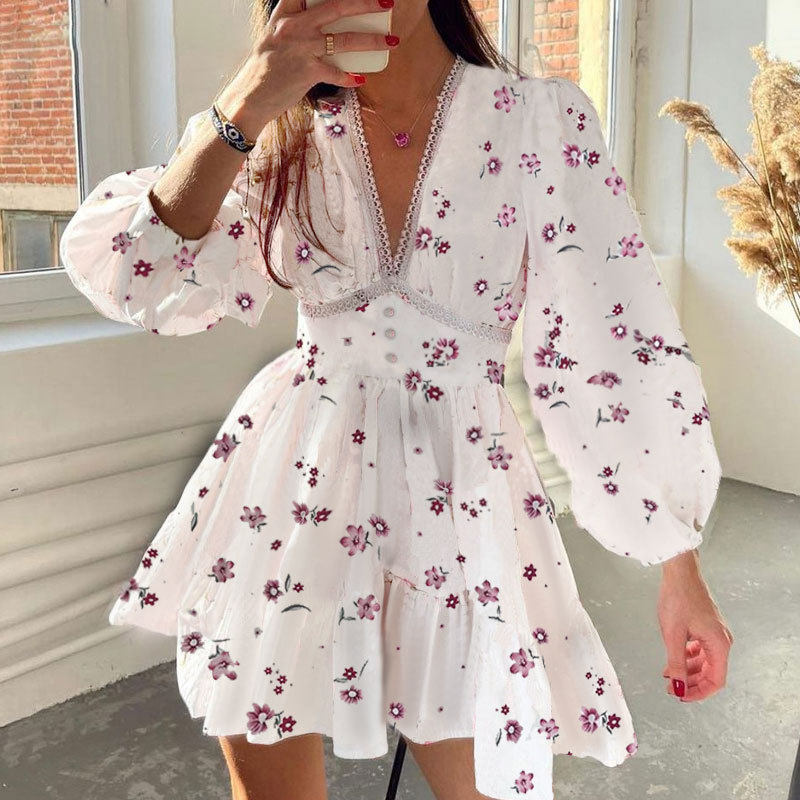 Women's Floral Lace Short Dress with Waist-Cinching V-Neck Lantern Sleeves