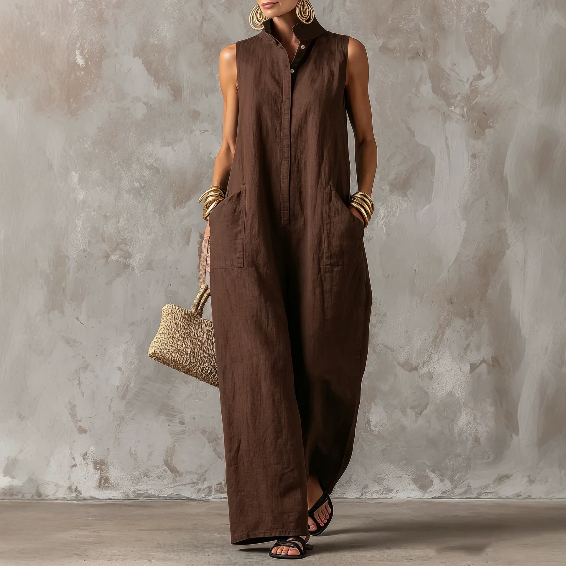 Women's Sleeveless Linen-Blend Jumpsuit with Stand Collar, Button Front, Wide Leg, Relaxed Fit