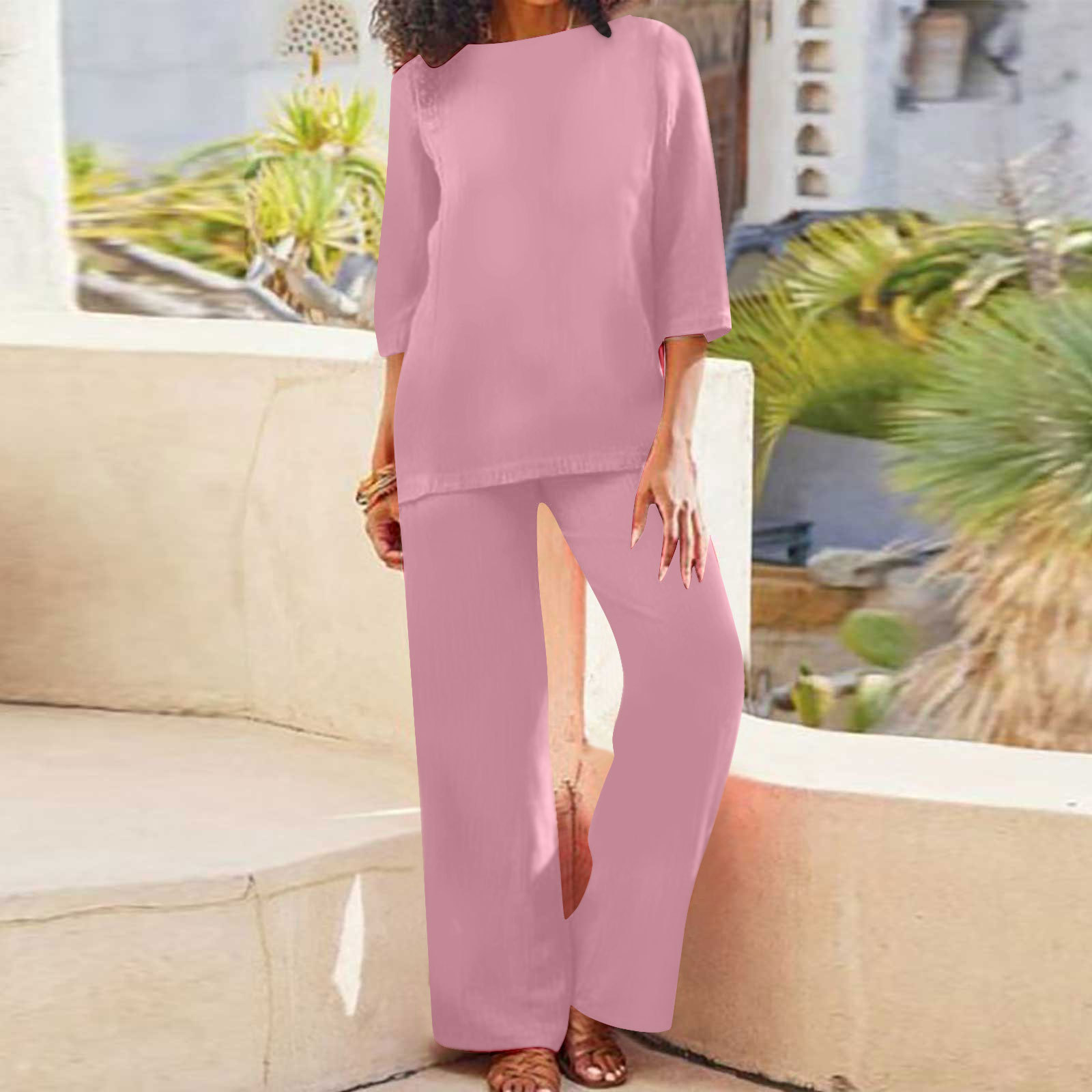 Plus Size Women's Cotton Linen Solid Color Vintage Two-Piece Pant Set Long Sleeve Loose Fit