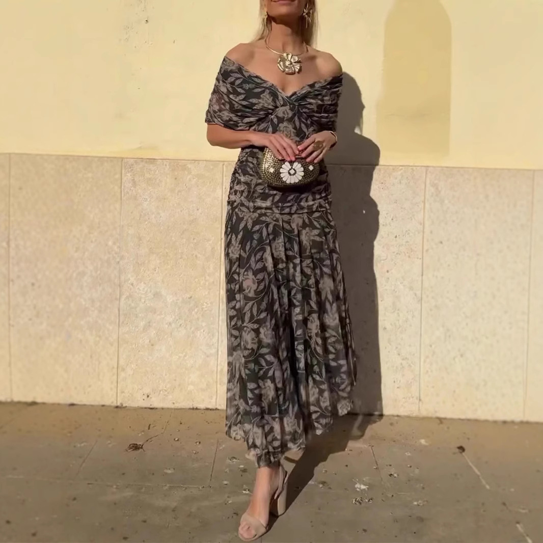 Women's V-Neck Print Long Dress