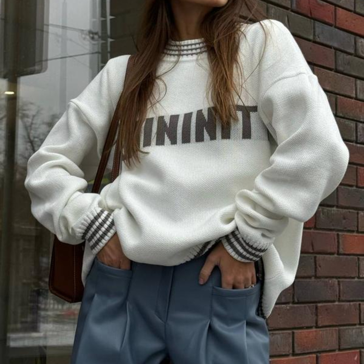 Women's Crewneck Pullover Knit Sweater Lantern Sleeve Loose Fit