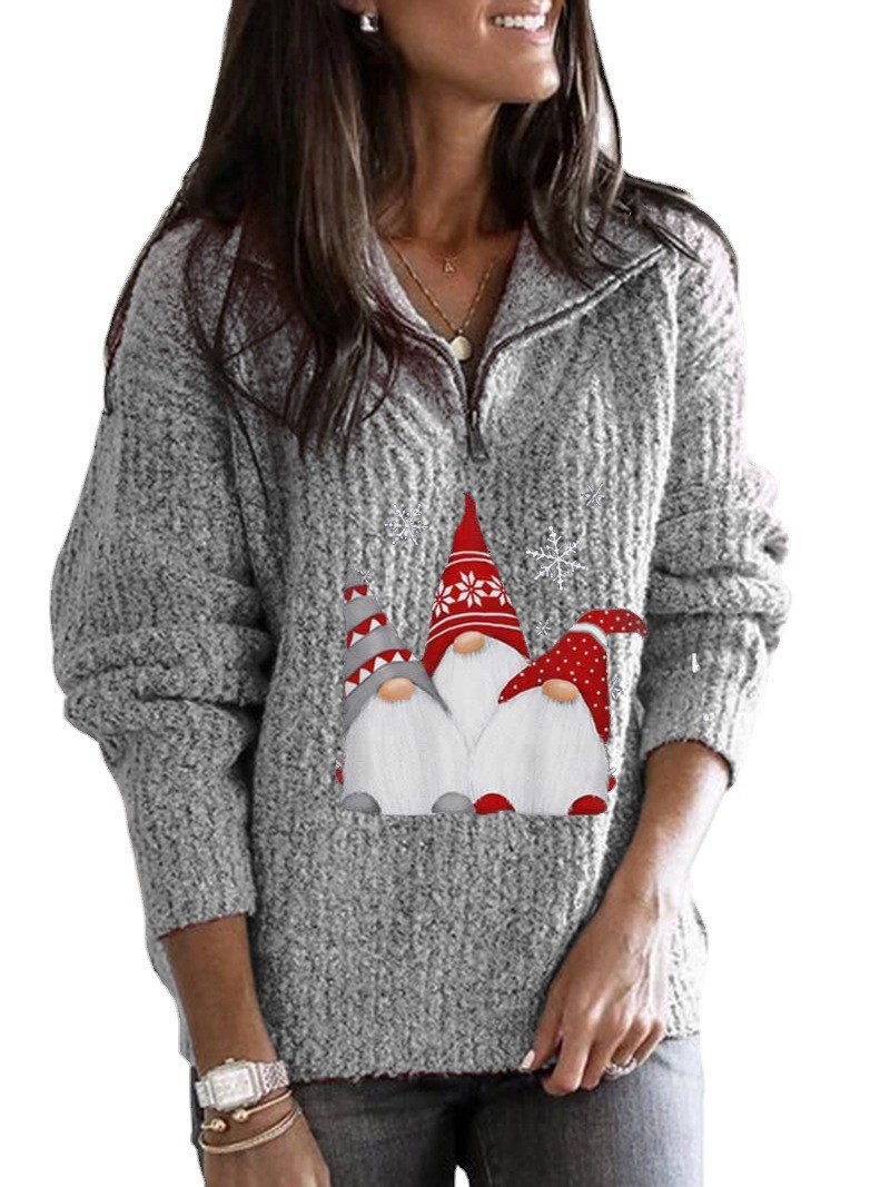 Christmas Santa Print Zip-Up Long-Sleeve Knit Sweater for Women