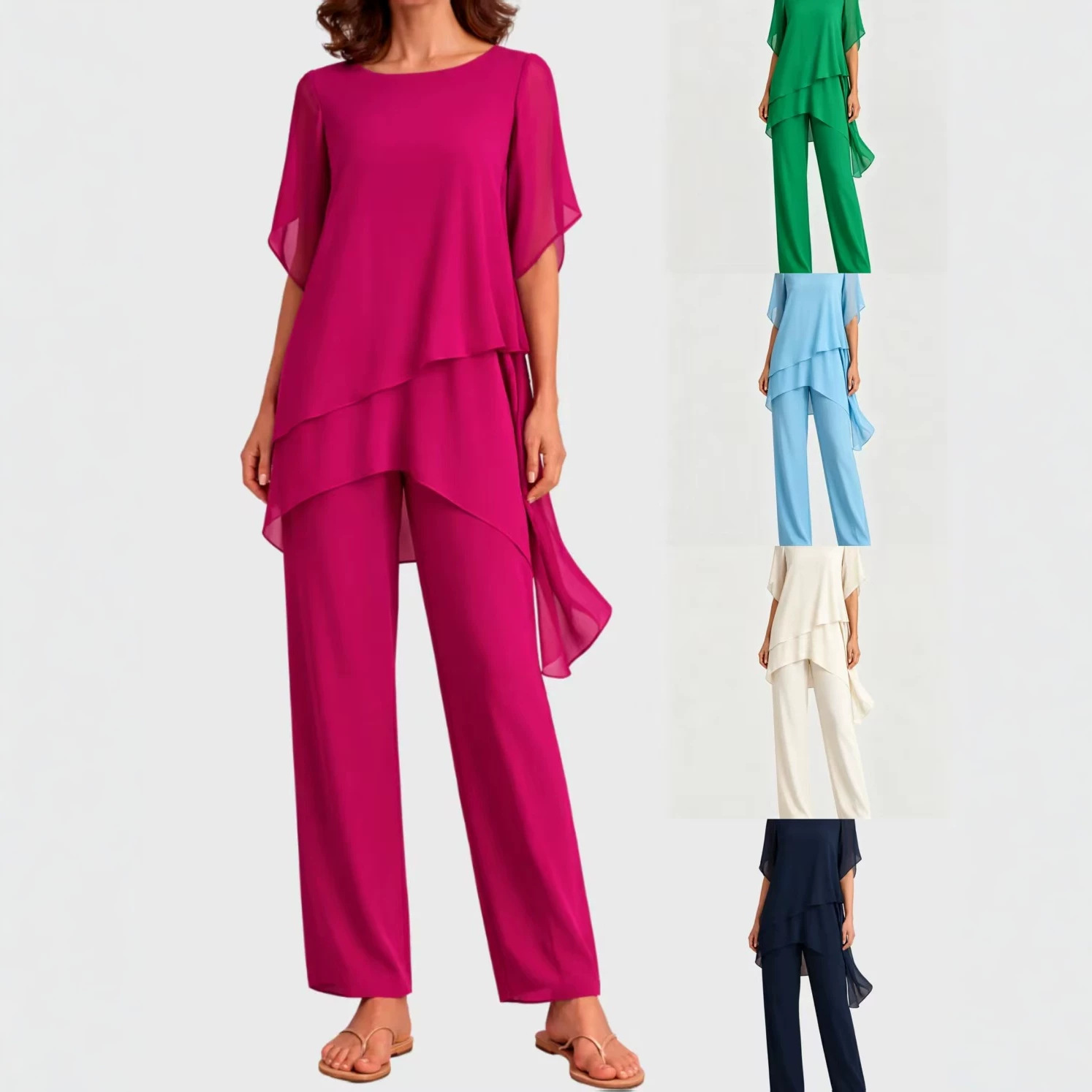 Women's Chiffon Short Sleeve Solid Color Loose Irregular Two-Piece Pant Set