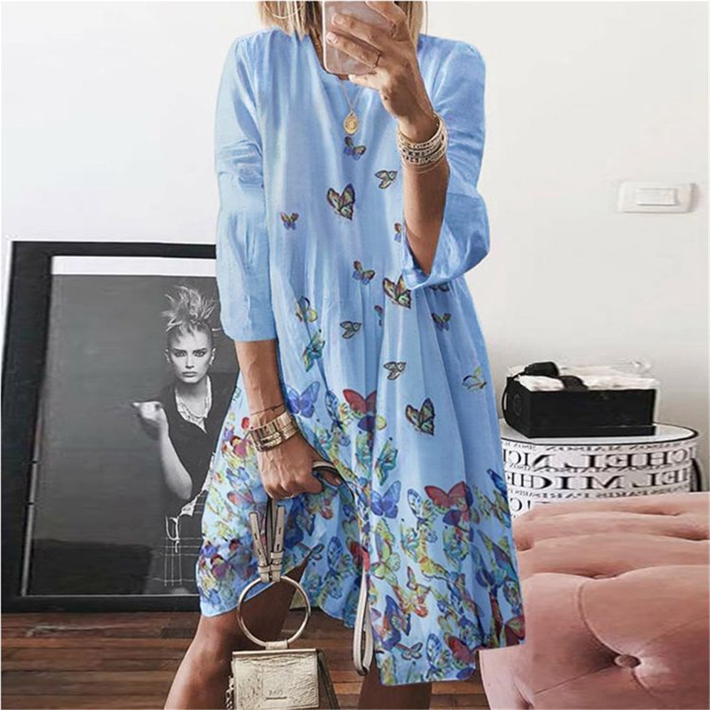 Plus Size Digital Print Round Neck Long Sleeve Dress