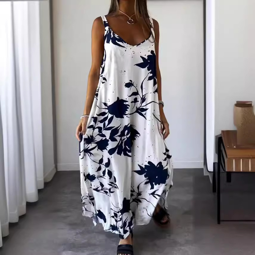 Floral Print V-Neck Open-Back Sleeveless A-Line Maxi Dress