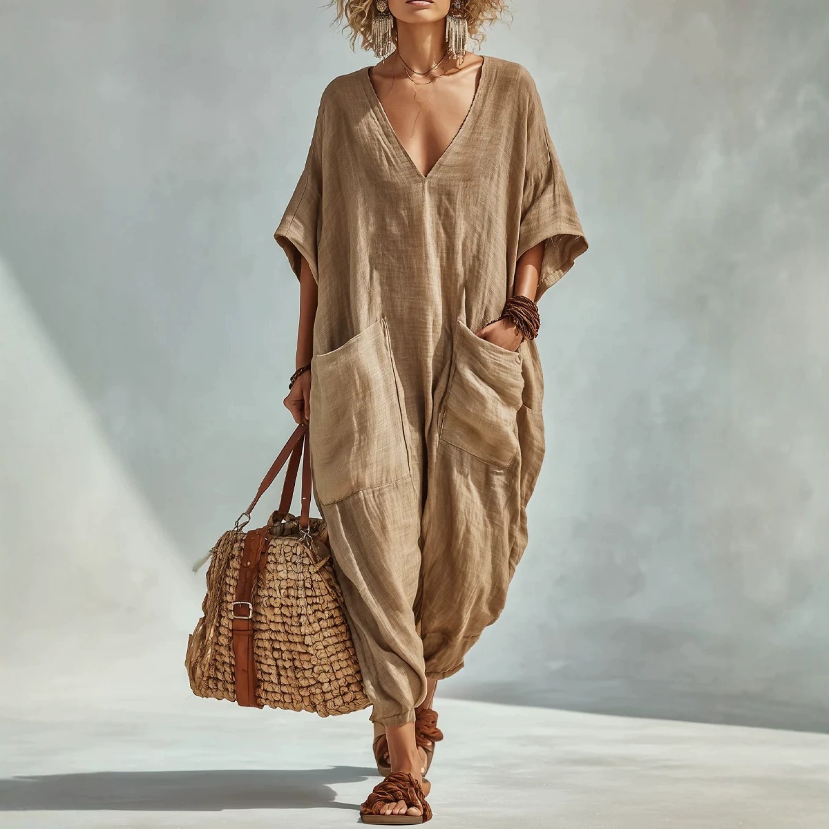 Women's Loose V-Neck Linen-Blend Jumpsuit with Pockets, Lantern Pants, Beach Vacation