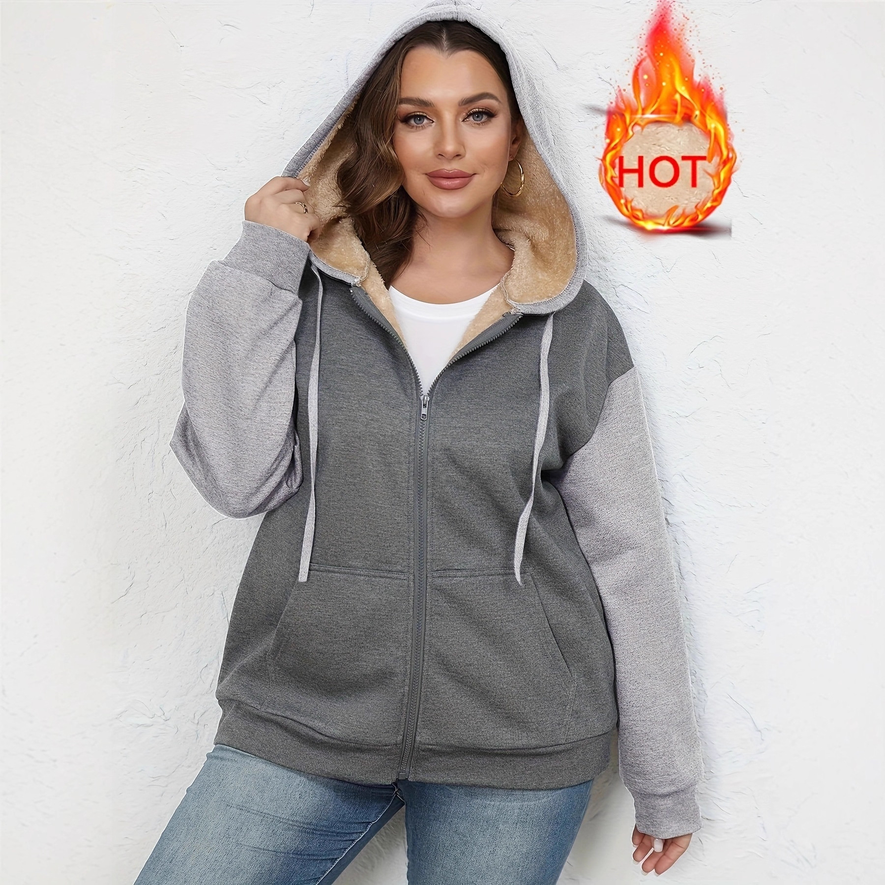 Women's Color-Block Fleece Hooded Zip-Up Sweatshirt Jacket