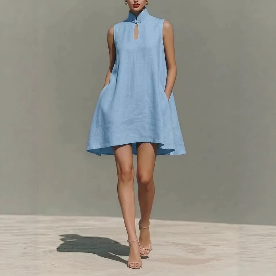 Sleeveless A-Line Midi Dress with Butterfly Buckle