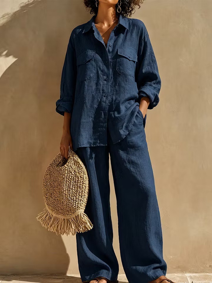 Women's Solid Linen-Blend Long-Sleeve Button-Down Shirt and Wide-Leg Pants Set with Pockets