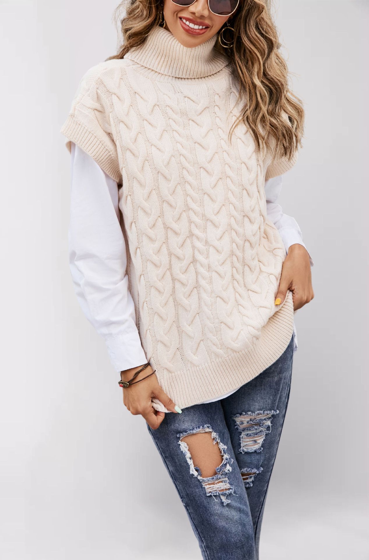 Women's Sleeveless Cable Knit Turtleneck Sweater Vest Loose Pullover