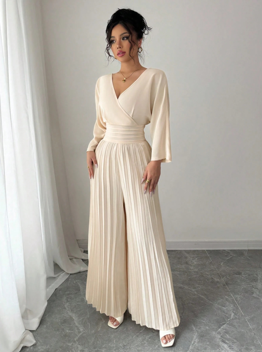 Elegant Solid V-Neck Pleated Waist-Defining Wide-Leg Jumpsuit