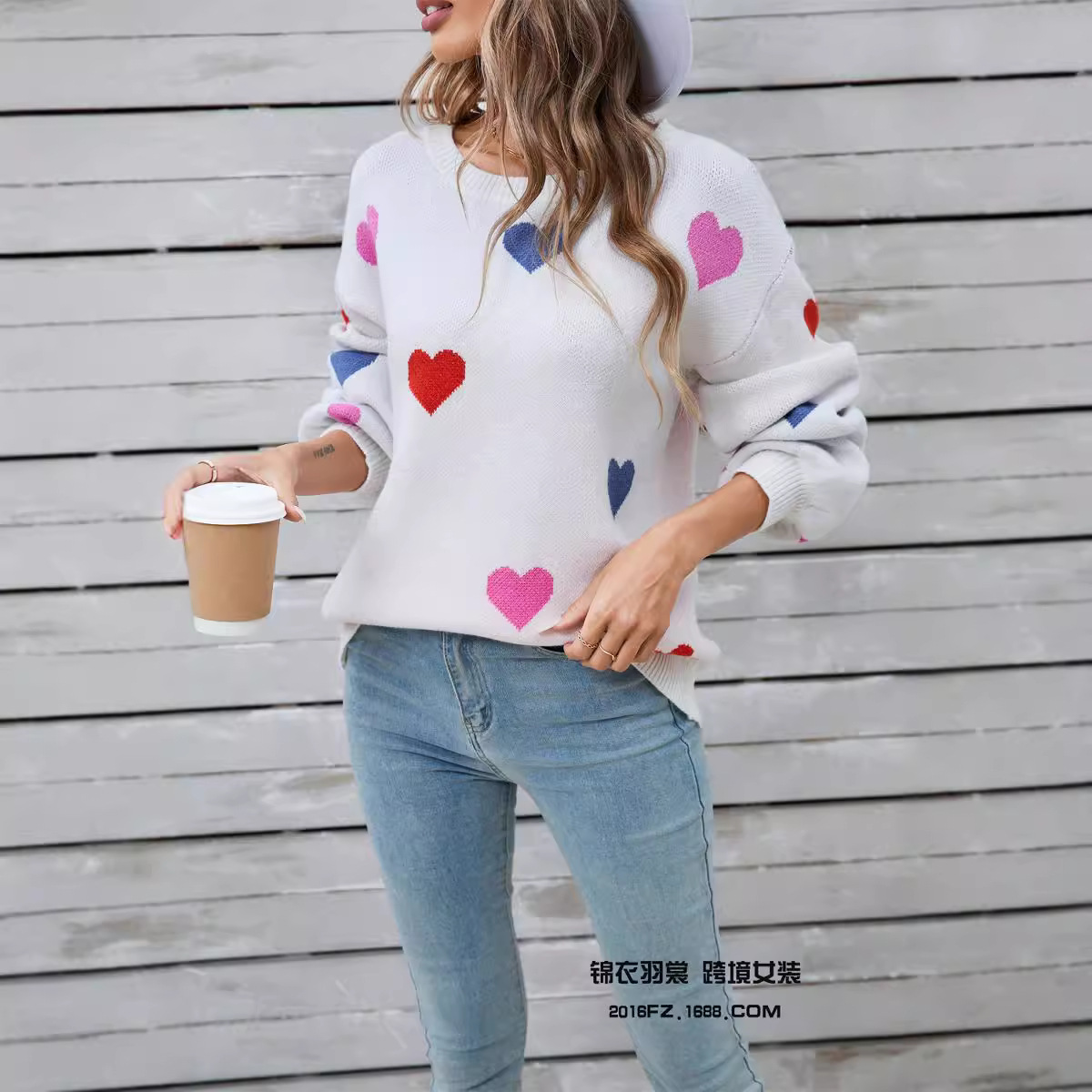 Heart Pattern Crewneck Pullover Sweater