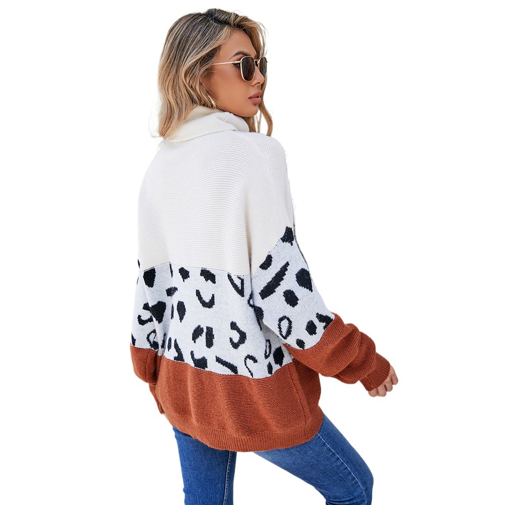 Women's High Neck Leopard Print Patchwork Pullover Sweater