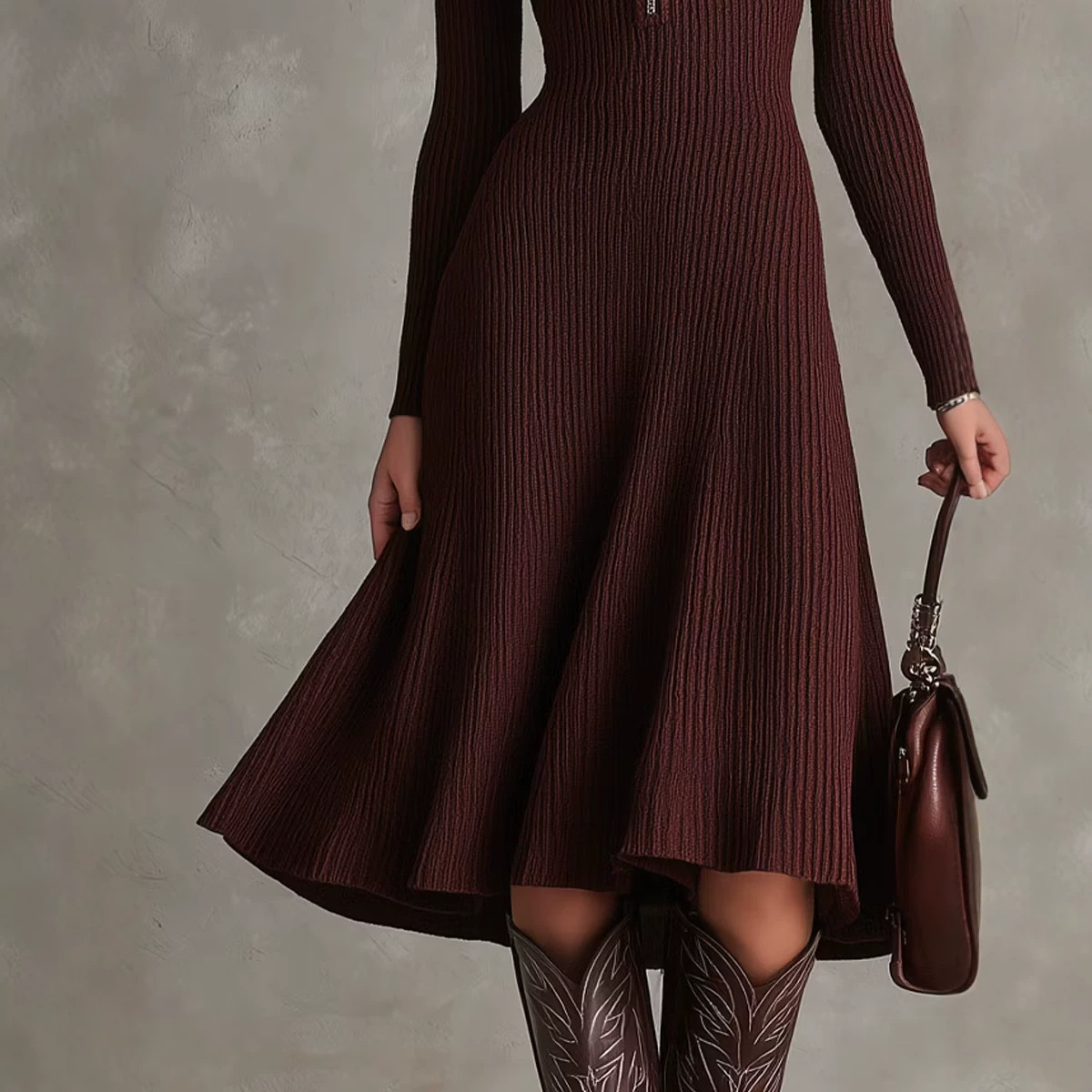 Women's Midi Dress with Zip Stand Collar Slim Fit Elegant