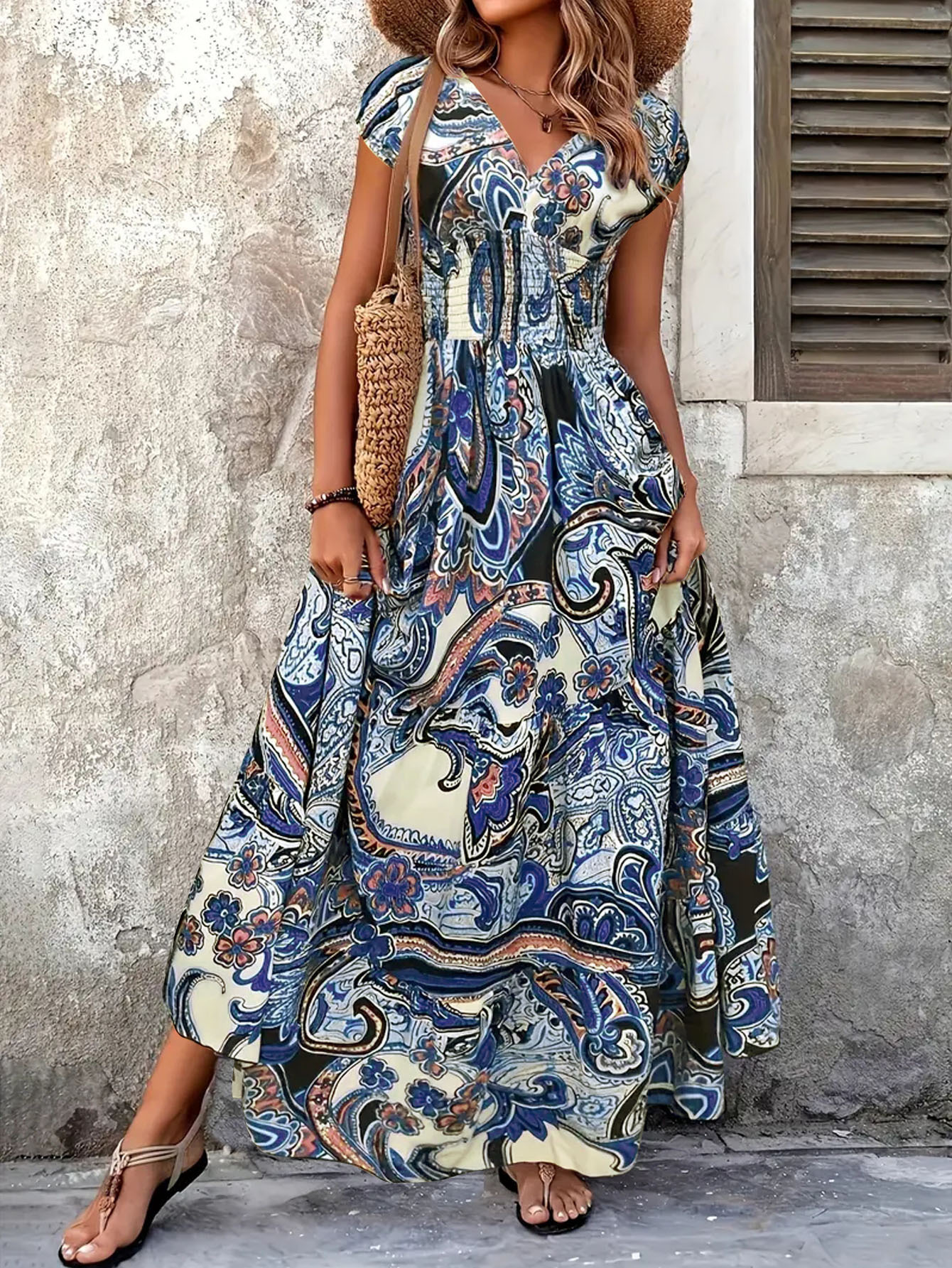 Paisley Print V-Neck Short Sleeve A-Line Maxi Dress