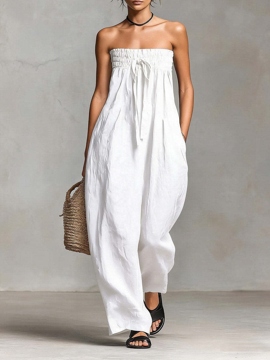 Women's Cotton-Linen Blend Strapless Tube Jumpsuit with Straight-Leg Pants