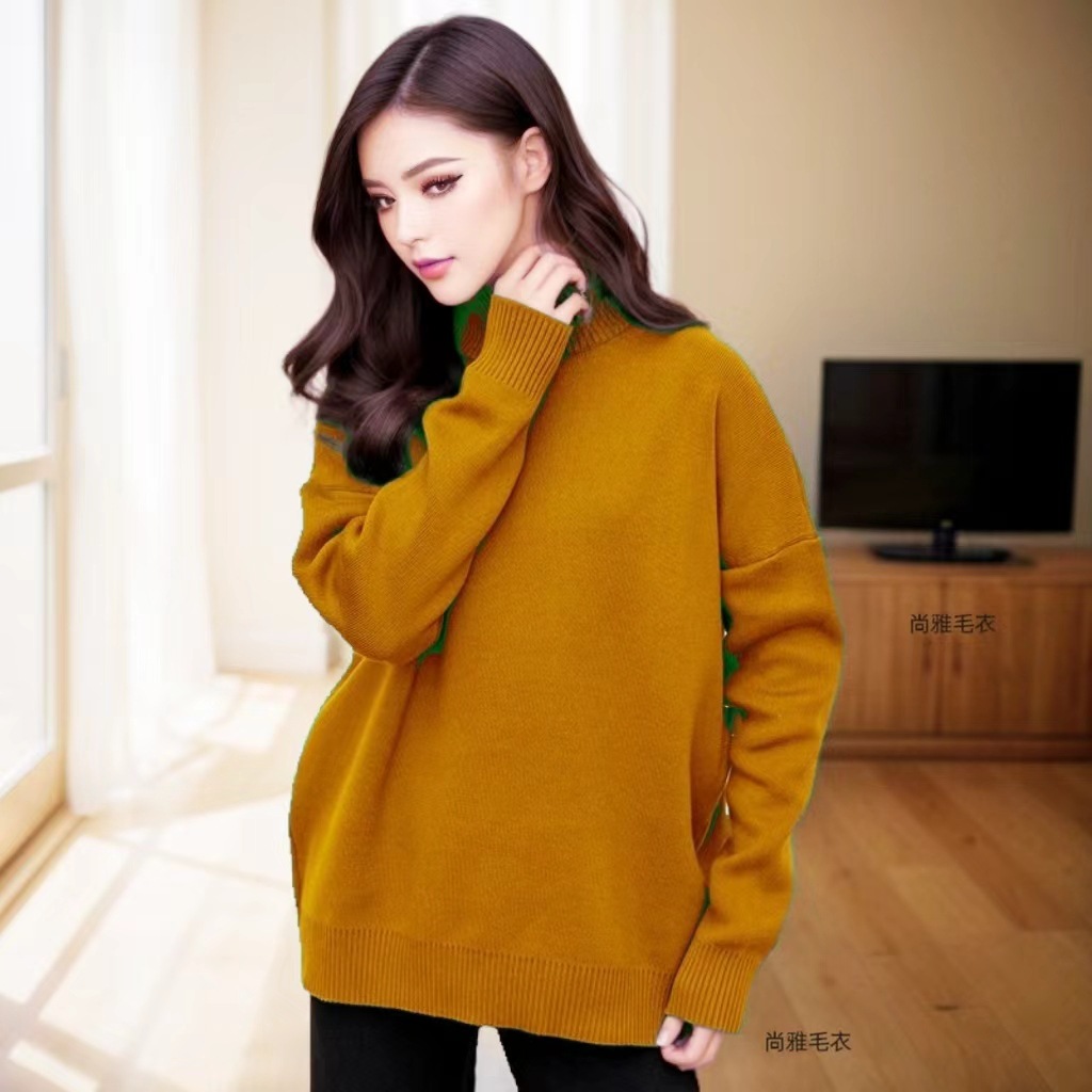 Women's Multi-Color Ribbed Turtleneck Knit Sweater Loose Lazy Style