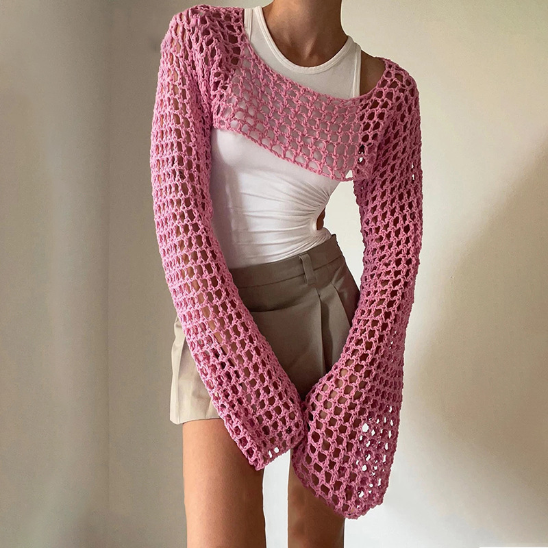 Women's Crochet Mesh Crop Top with Bell Sleeves