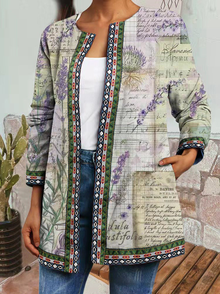 Vintage Ethnic Print Long Sleeve Open-Front Jacket Cardigan for Women