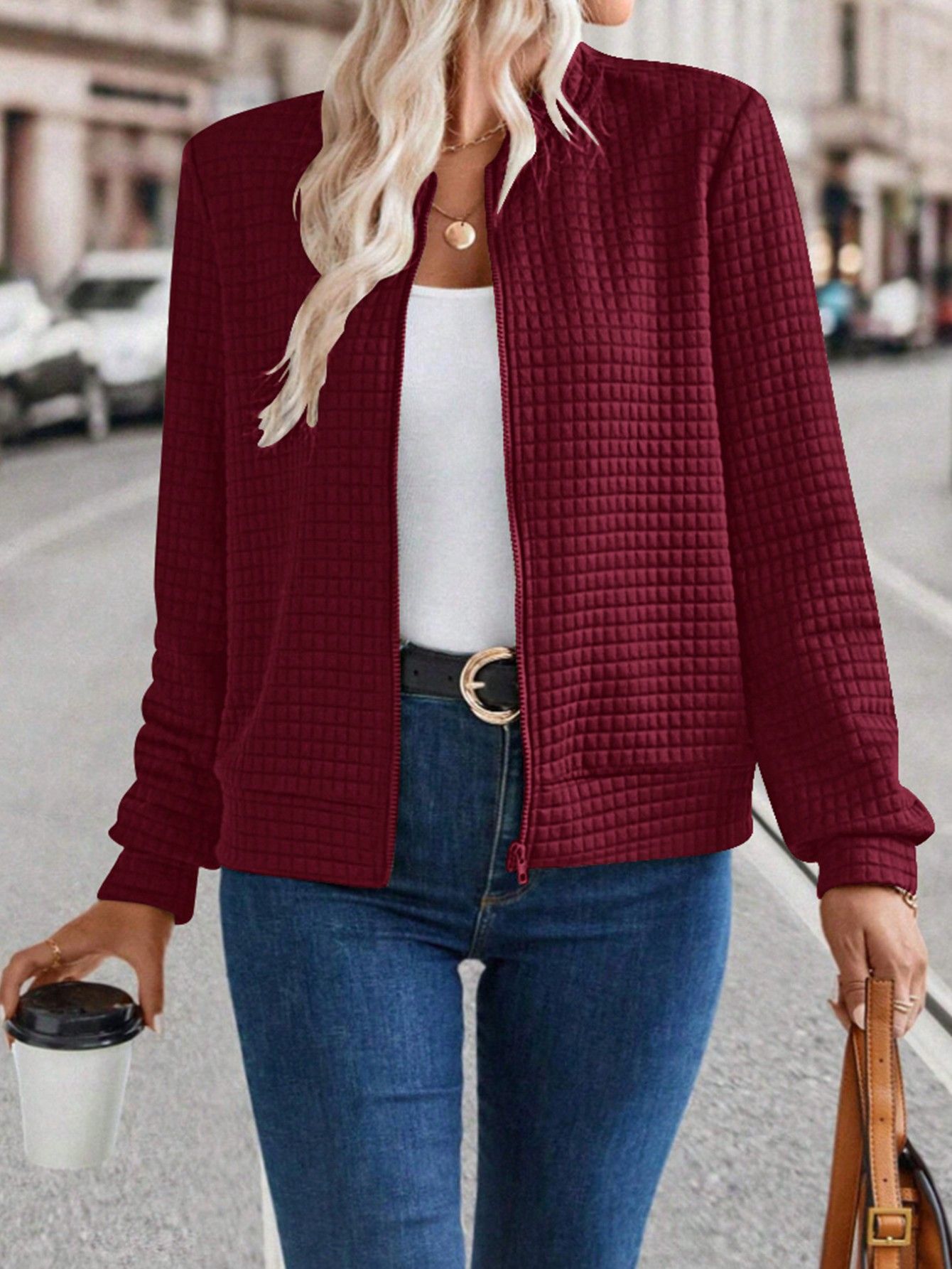 Women's Solid Color Zip-Up Jacket with Textured Finish