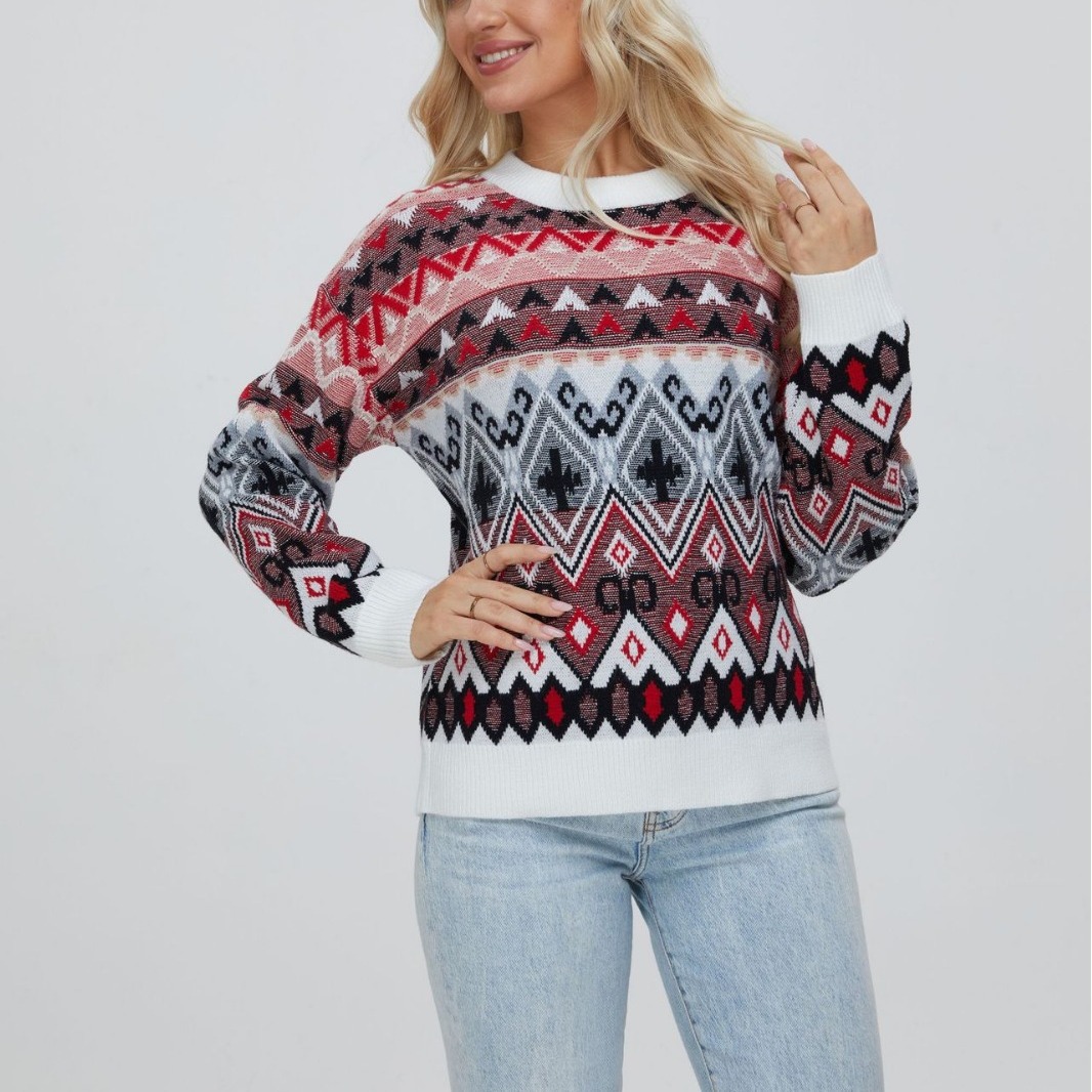 Fair Isle Retro Diamond Geometric Jacquard Knit Sweater Women's Crewneck Long Sleeve