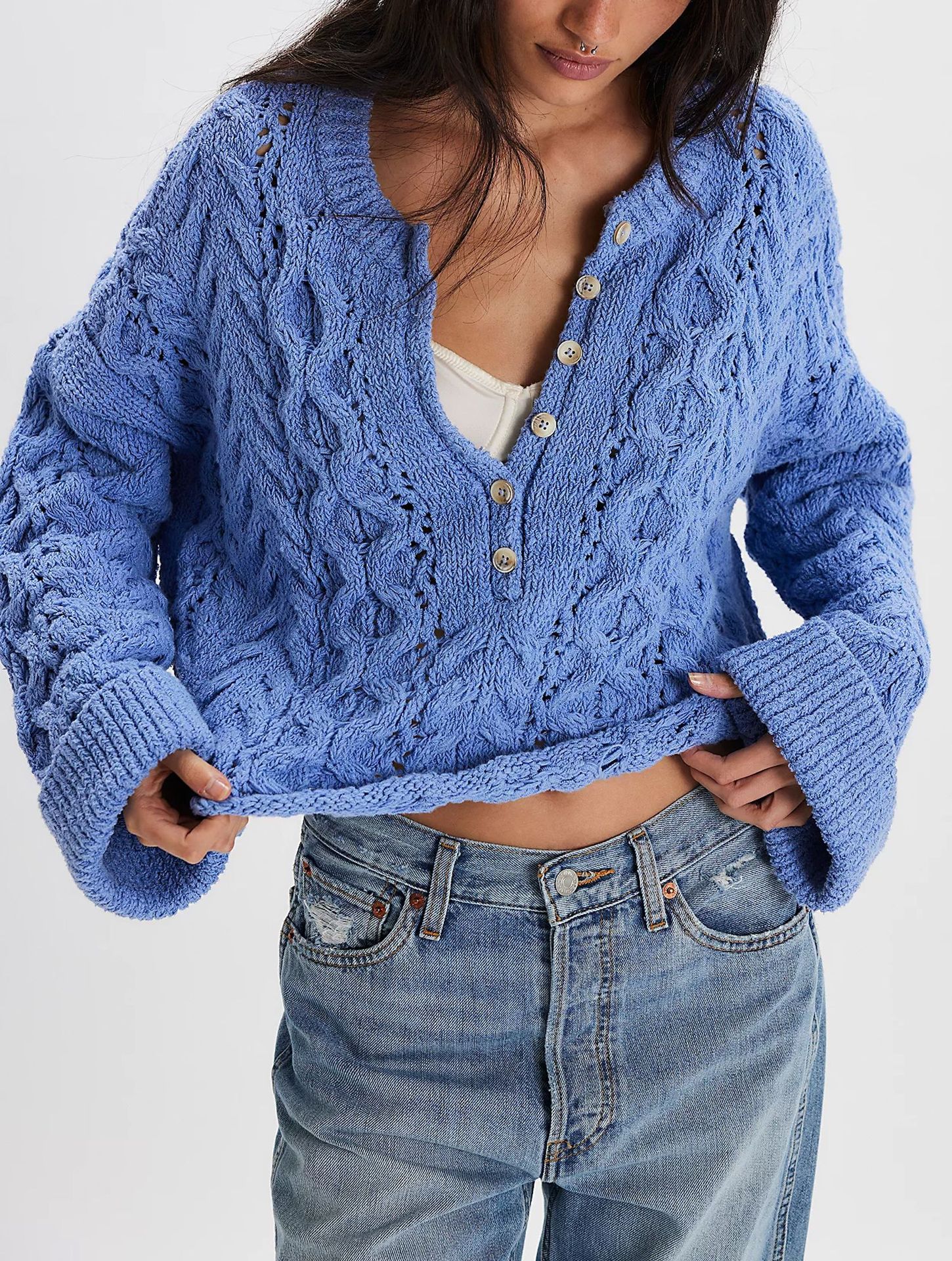 Cable-Knit Button-Trim Pullover Sweater