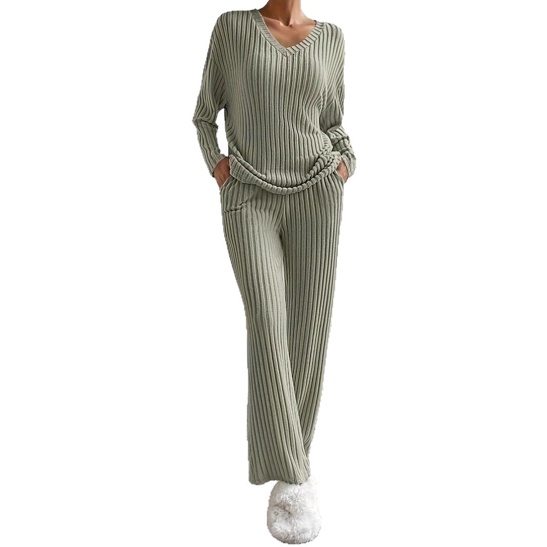 Women's Solid V-Neck Loose Top and Straight-Leg Pants Ribbed Two-Piece Set