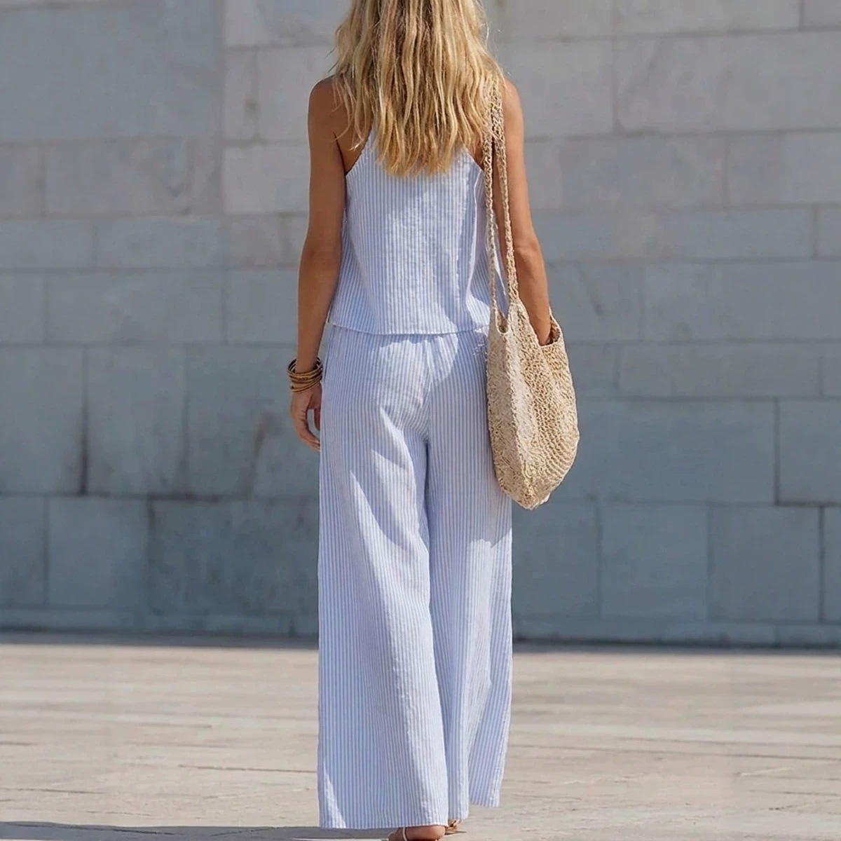 Lace V-Neck Pleated Striped Two-Piece Set with Wide-Leg Pants