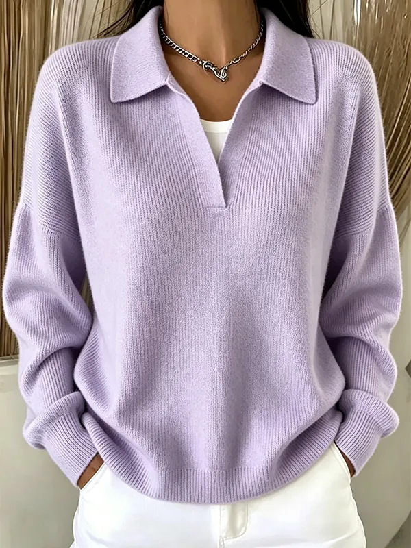 Ribbed Knit Polo Sweater with Collar, Loose V-Neck Pullover, Casual Slimming Fit