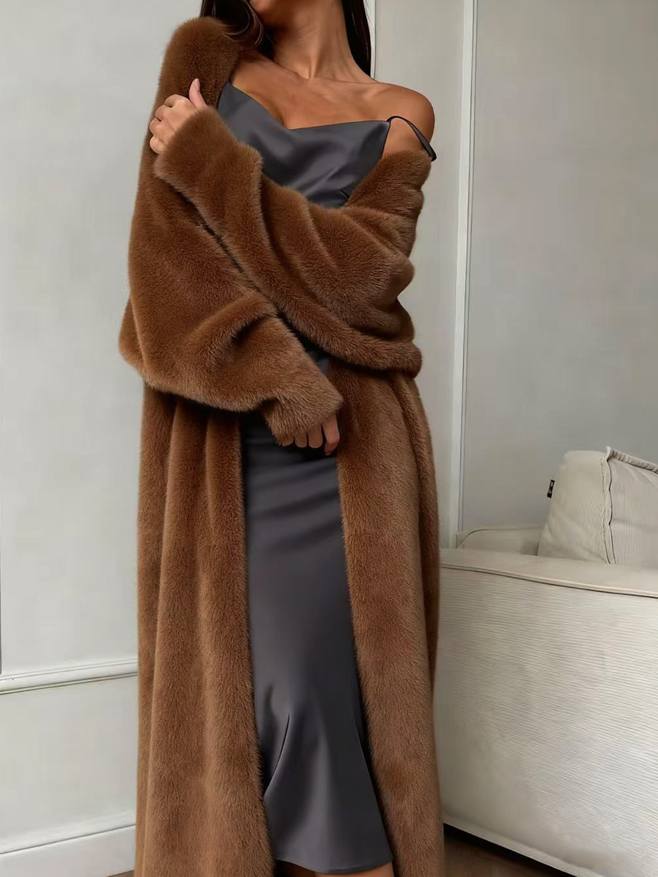 Faux Mink Fuzzy Knit Cardigan Coat Women's Loose Long Lantern Sleeve