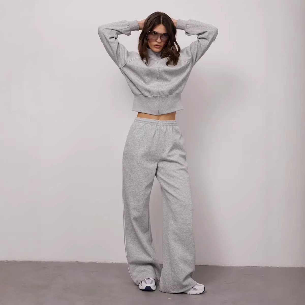 Women's Casual Commuter Two-Piece Set with Zip Cardigan and Wide-Leg Pants