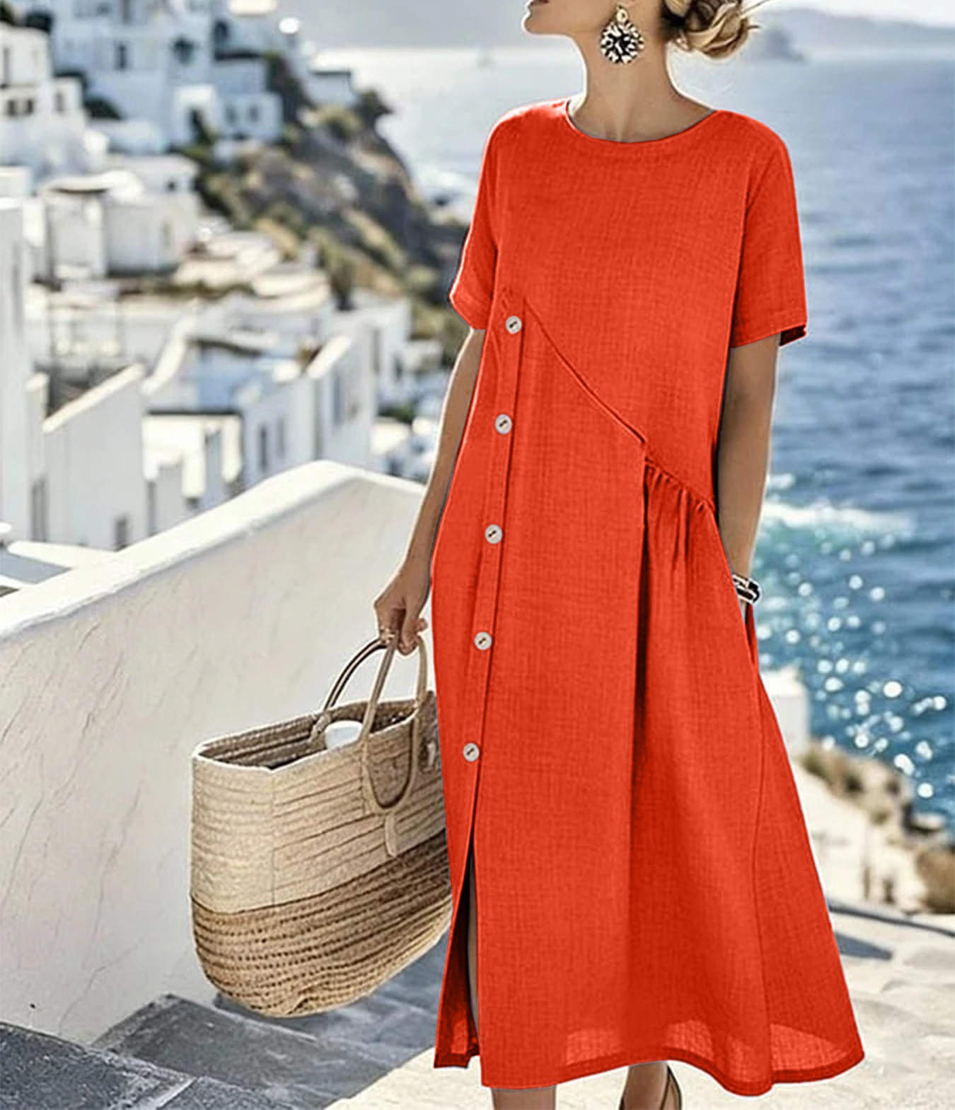 Casual Button-Trim Midi Dress with Pockets