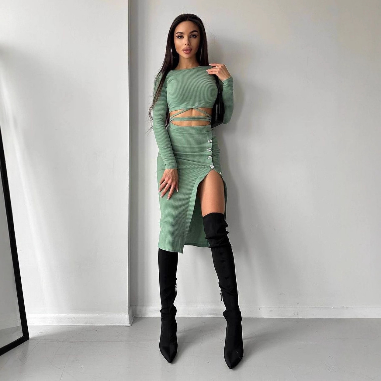 Women's Cropped Knit Two-Piece Dress Set with Slit Bodycon Midi Skirt