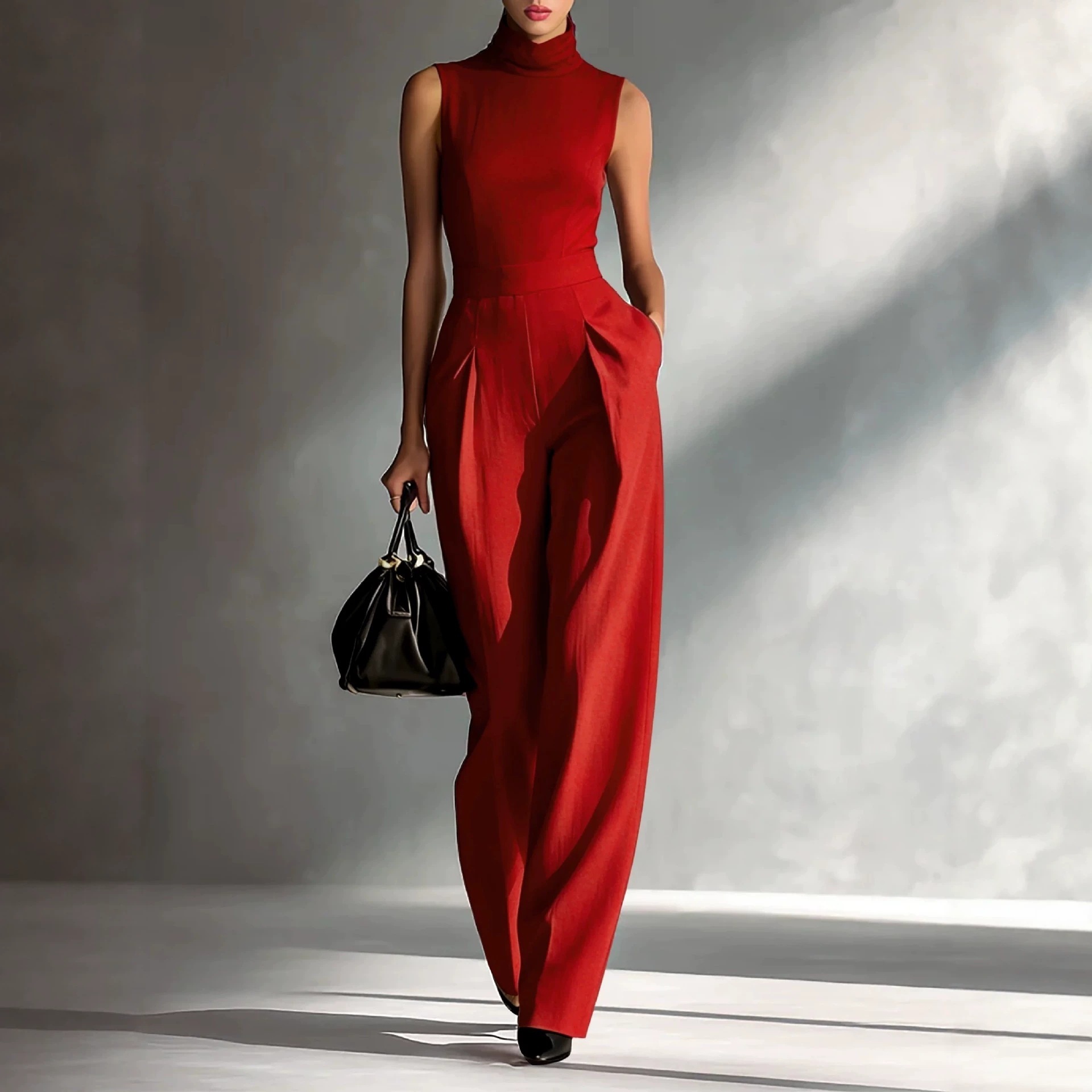 Sleeveless High Neck Wide Leg Jumpsuit with Cinched Waist