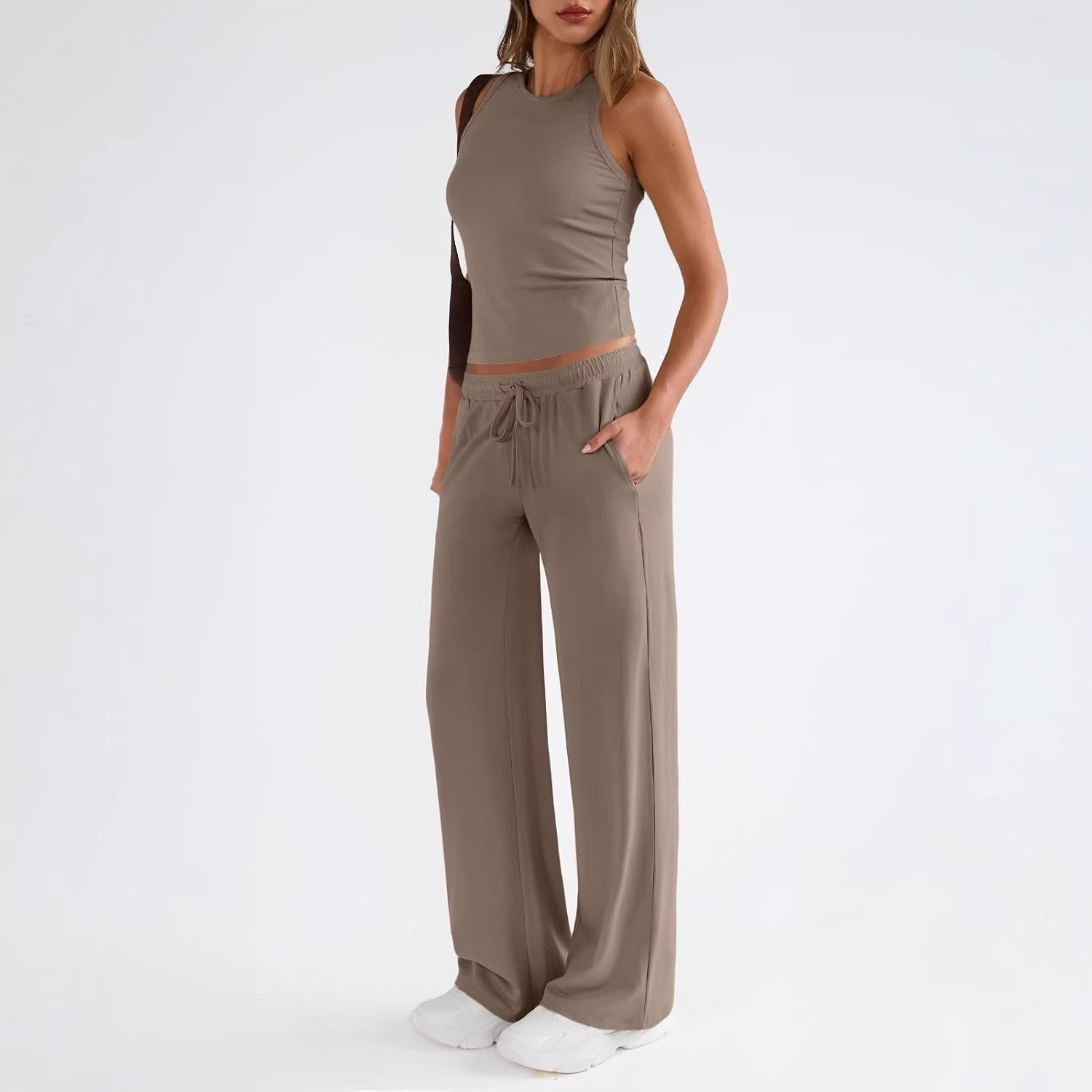 Solid Sleeveless Tank Top and High-Waist Wide-Leg Pants Set