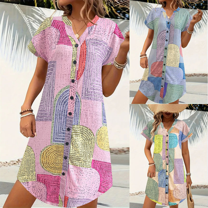 Geometric Print V-Neck Button Short Sleeve Loose Casual Dress