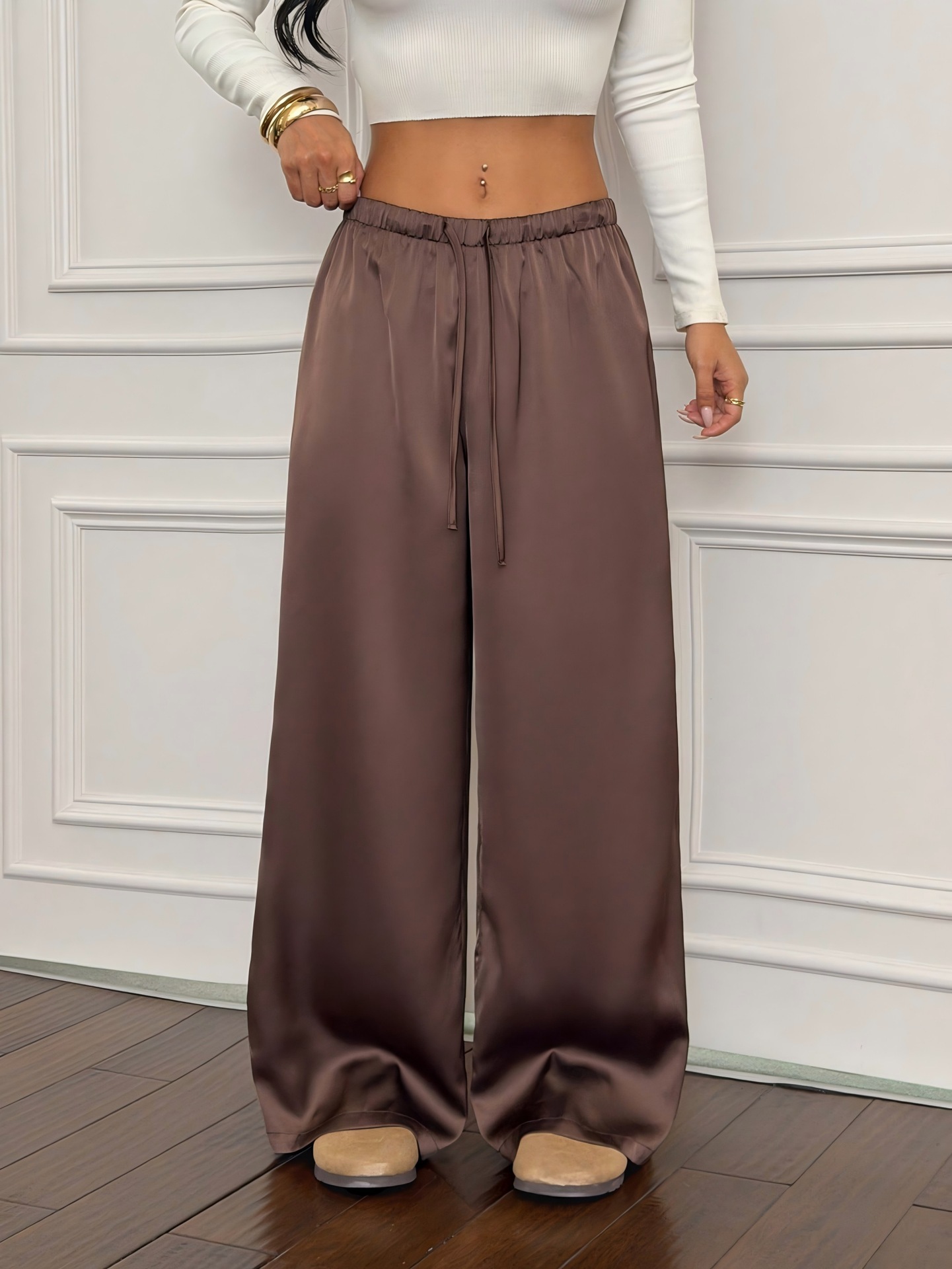 Satin High-Waist Wide-Leg Pants for Women, Loose Casual Drape