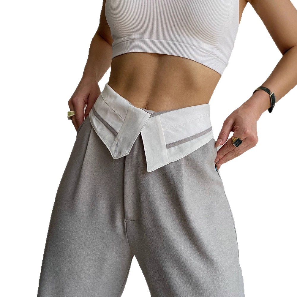 Women's High-Waist Wide-Leg Straight Pants with Fold-Over Waistband
