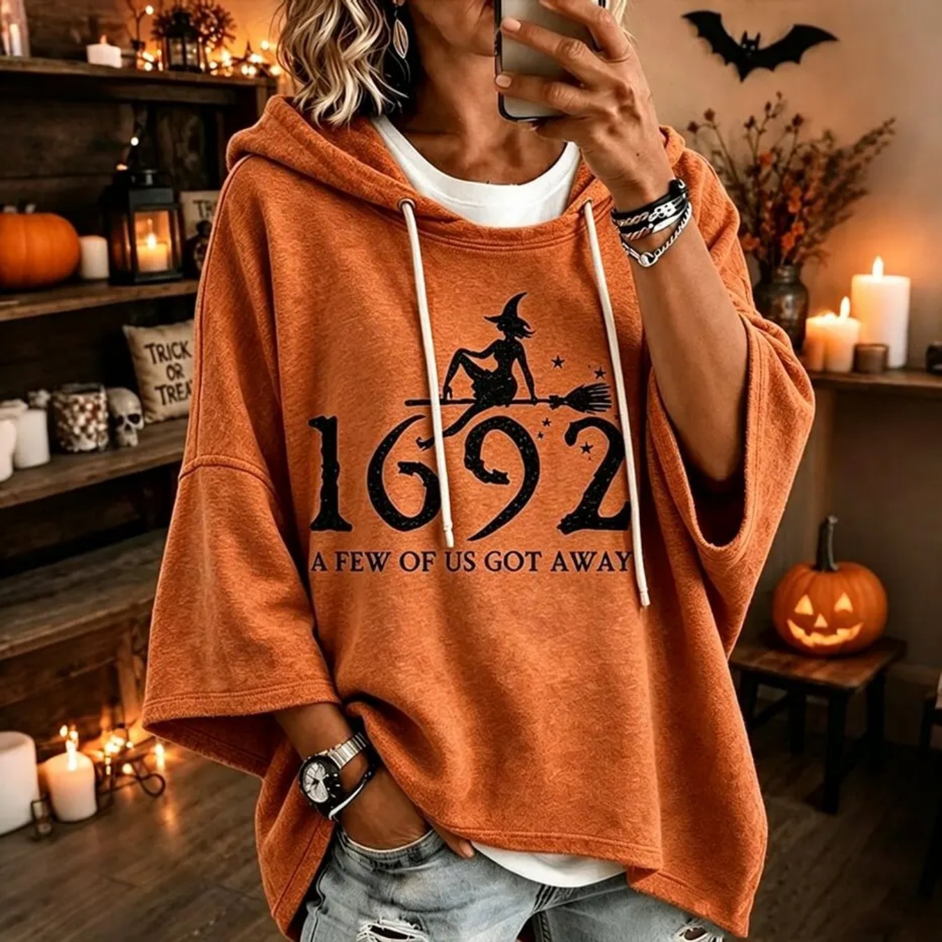 Halloween Witch Broom Flying 1692 Print Hoodie Women's Top