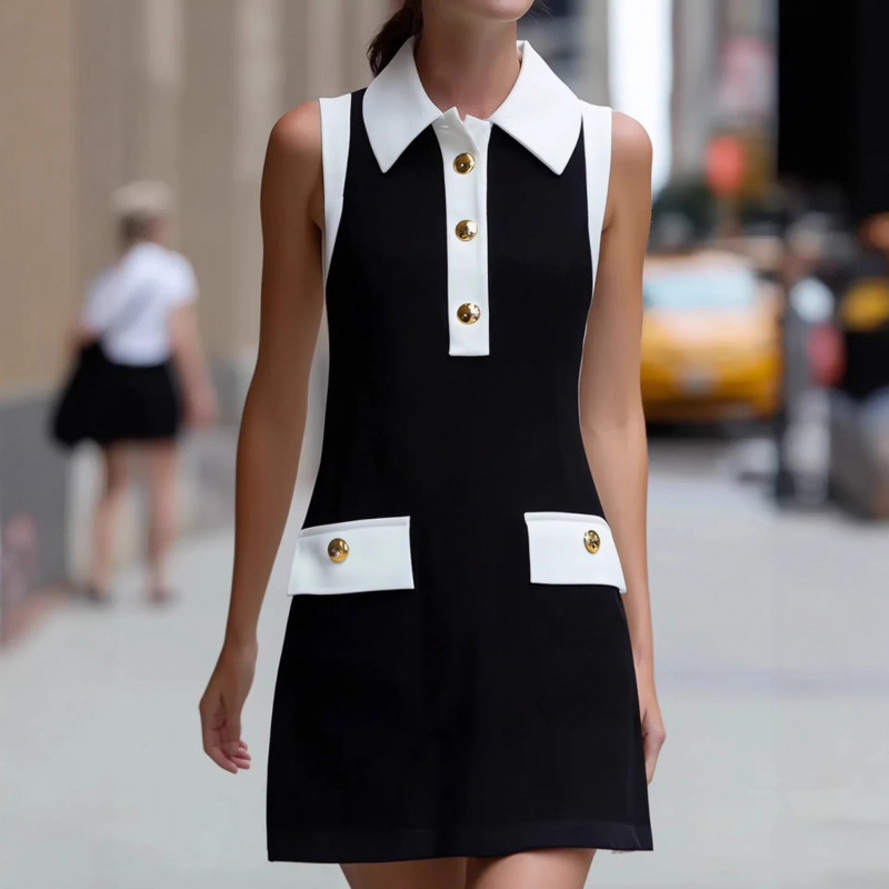Color-Block Polo Collar Sleeveless A-Line Midi Dress