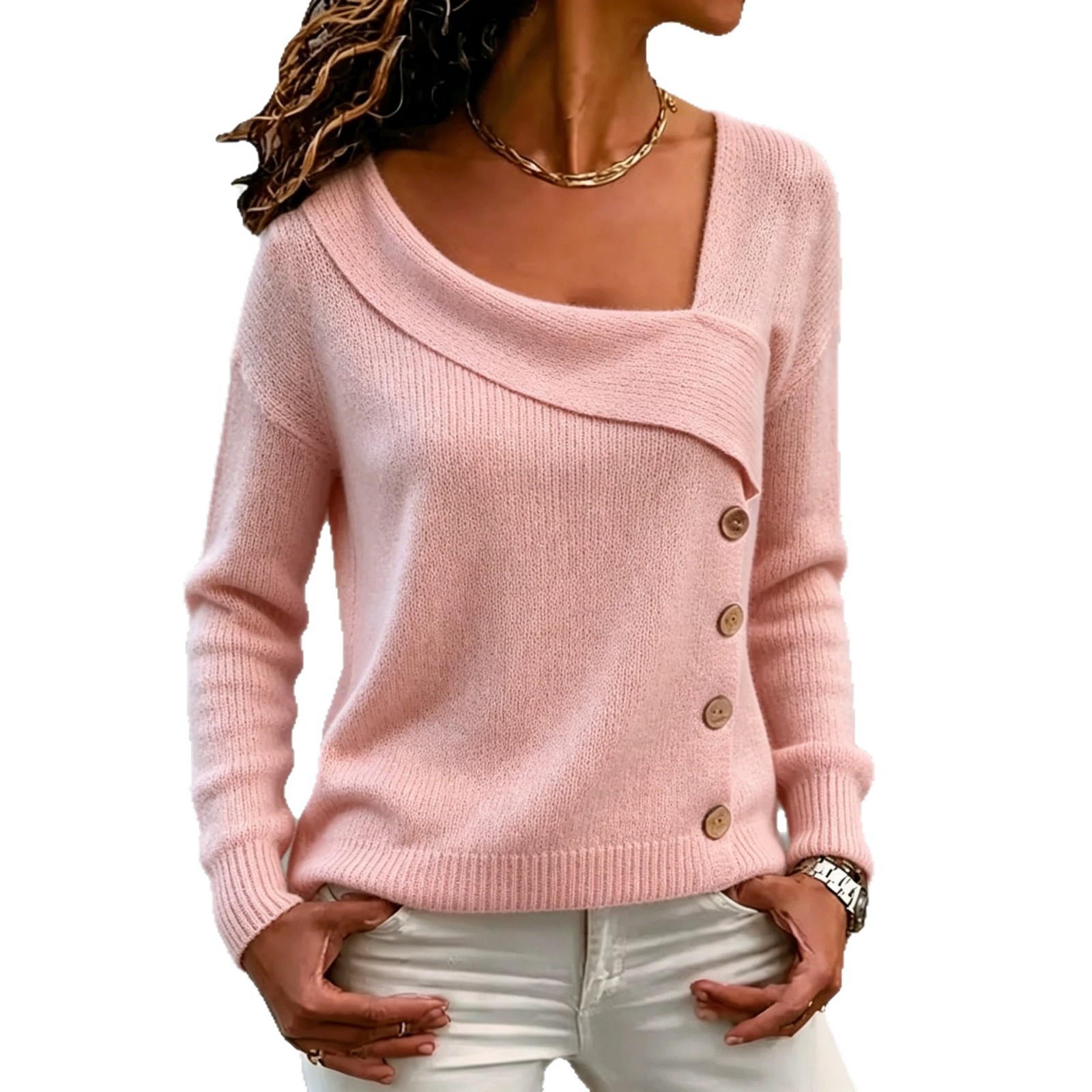 Women's Asymmetric Button Knit Sweater Long Sleeve Solid Casual
