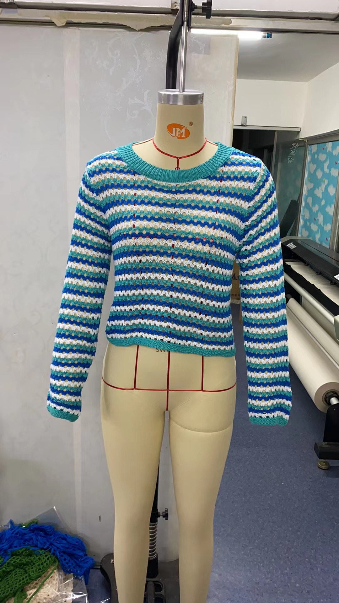 Women's Loose Hollow-Out Striped Knit Sweater with Round Neck