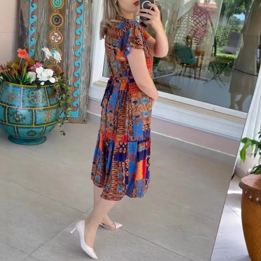 Women's Casual Printed V-Neck Short Sleeve Midi Dress