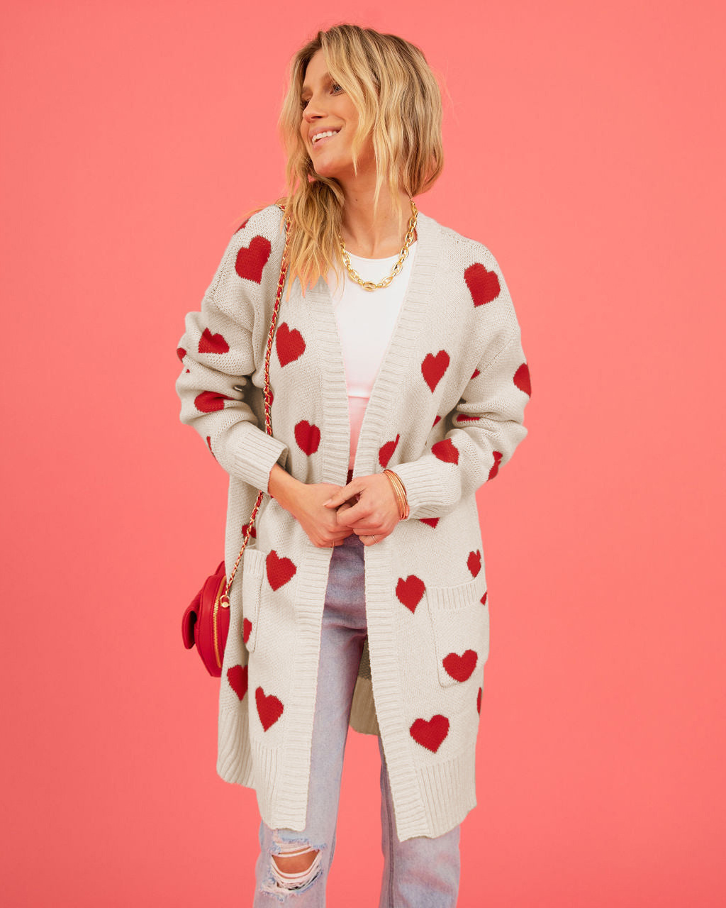 Heart Jacquard V-Neck Midi Cardigan Sweater Coat with Pockets