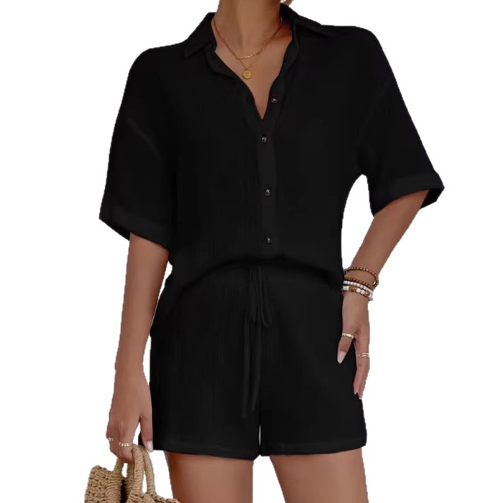 Women's Solid Color Collared Cardigan and Shorts Two-Piece Set with Tie Belt