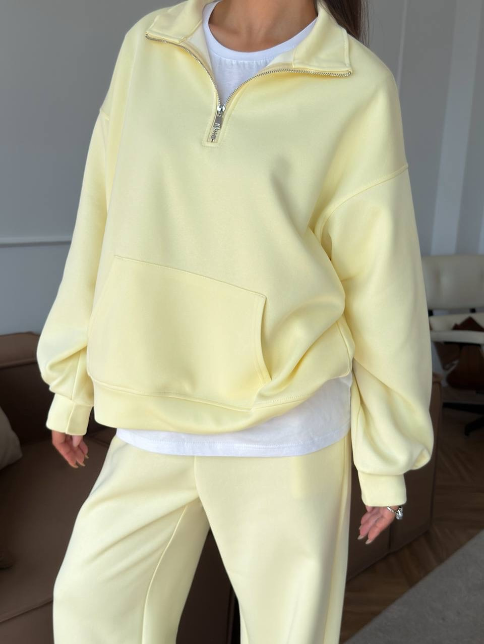 Women's Cotton Blend Zip Collar Pullover Hoodie and Wide-Leg Pants Two-Piece Set