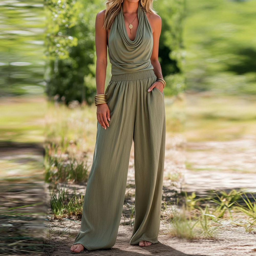 Women's Solid Halter Backless Wide-Leg Jumpsuit